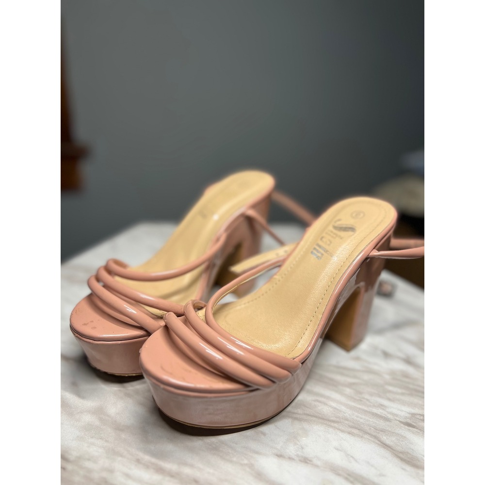 Shein Nude Pink Patent Platform Block Heel Strappy Sandals Size 6 - Picture 2 of 4